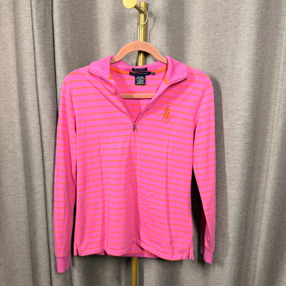 Ralph Lauren Golf Womens M Pink Orange Striped 1/4 Zip Pima Cotton Pullover Top
